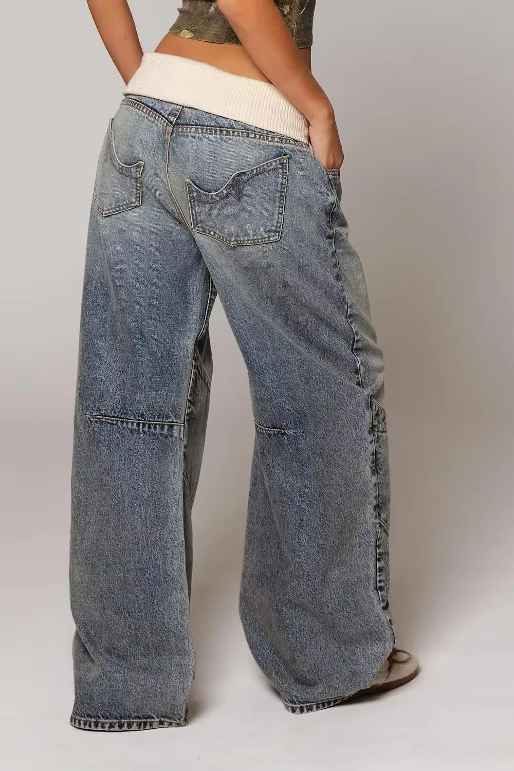 Y2K New Style Spliced ​​Waist Design Light Blue Washing Women Jeans Fashionable High Street Harajuku High Waist Wide Leg Pants