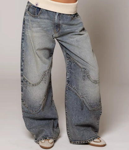 Y2K New Style Spliced ​​Waist Design Light Blue Washing Women Jeans Fashionable High Street Harajuku High Waist Wide Leg Pants